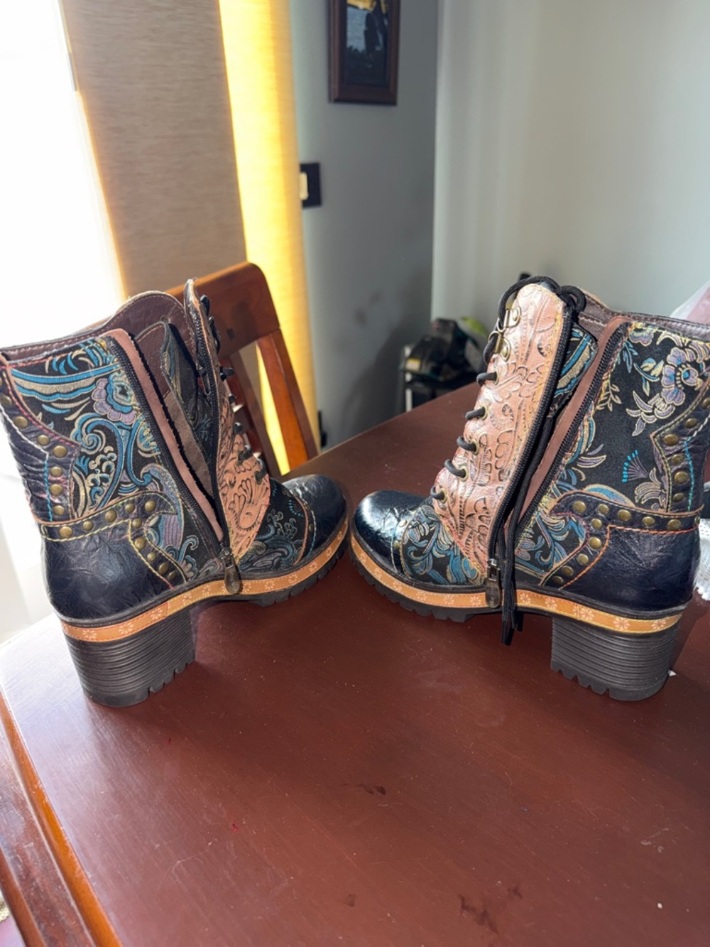 Spring Step Multi-Color Lace-Up Floral Embossed Leather Boots - Picture 5 of 15